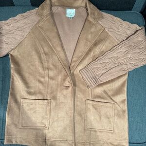 Sioni Medium Brown faux suede Blazer with Cable Knit Sleeves